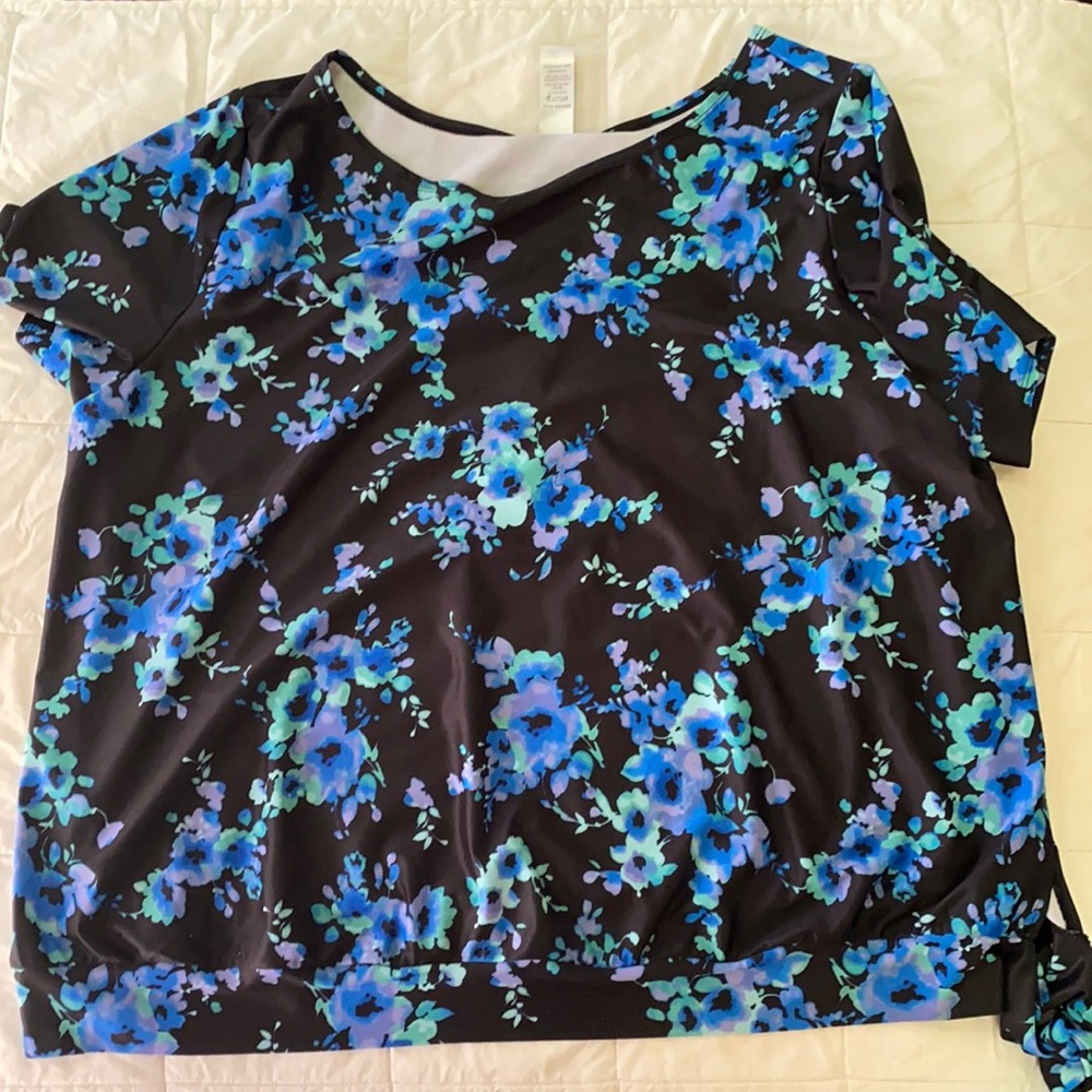 Side-tie black with floral print swim blouse!